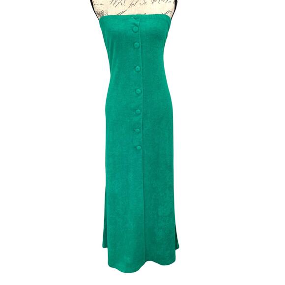 Vintage Retro 70s Green Terry Cloth Button Strapless Tubetop Coverup Dress Small - Picture 1 of 11